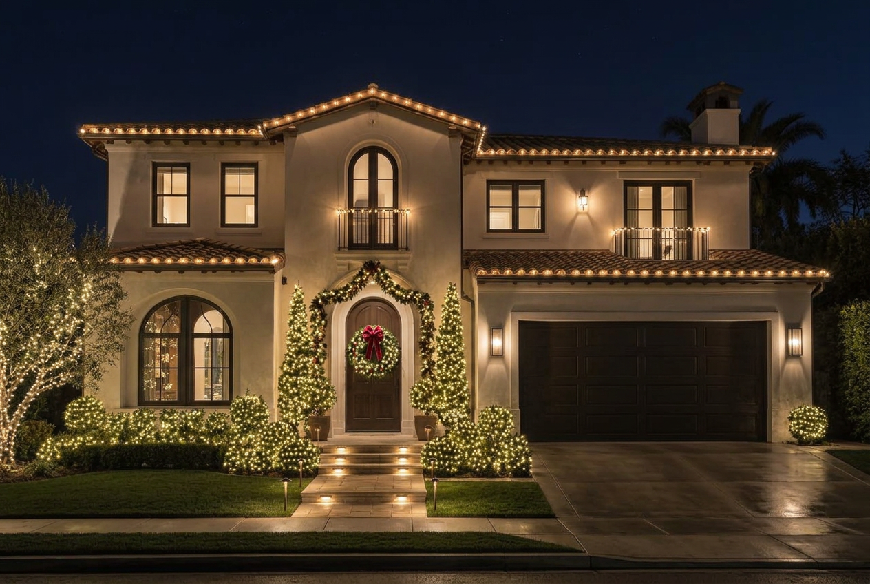 Home with a warm-white Christmas lighting display