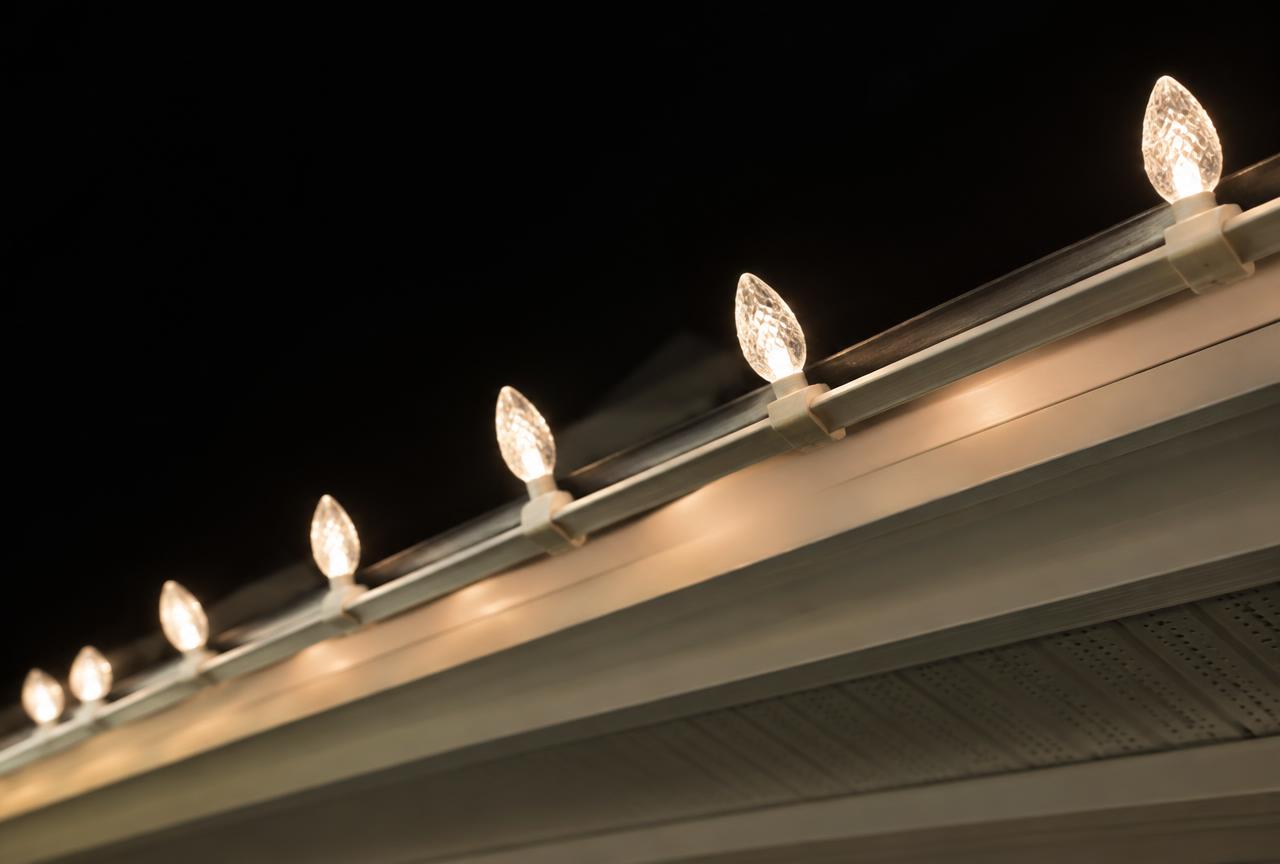 C9 Christmas bulbs custom cut along a roofline