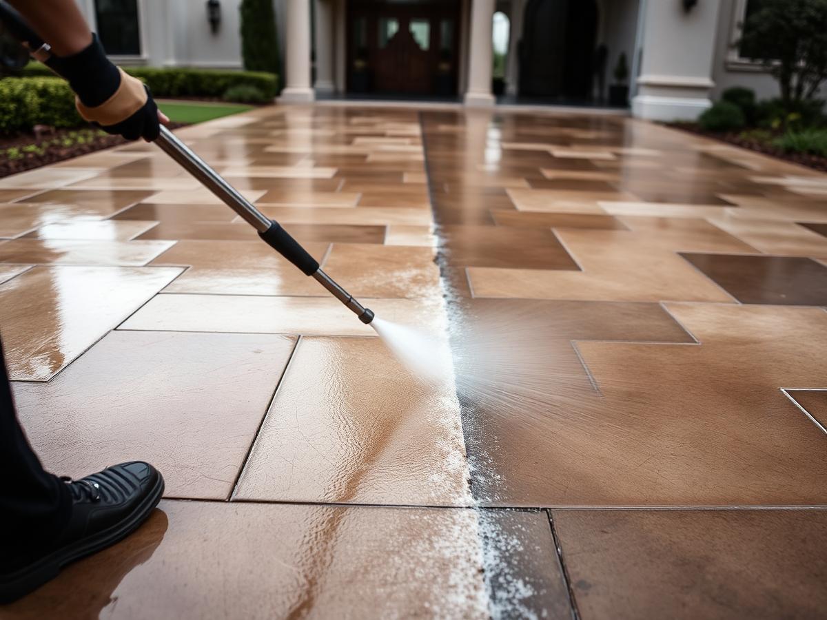 Technician pressure washing a residential stone walkway
